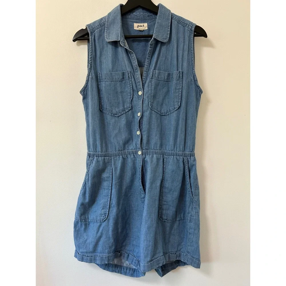 Pact Womens XS Blue Chambray Denim Tank Button Front Utility Romper Pockets